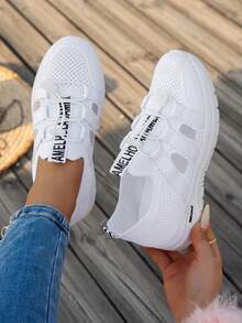 Women's Knitted Elastic Slip-On Casual Sneakers, Minimalist Versatile Lightweight Comfortable Soft-Sole Sock Shoes, Mesh Breathable Non-Slip Running Shoes - White - View 2