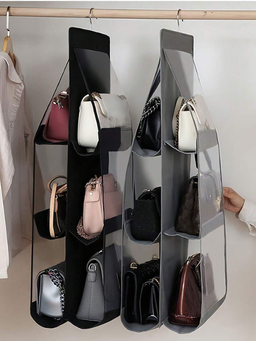 6/8 Compartment Space-Saving Storage Bag, Multi-Layer Hanging Wallet/Purse Organizer Rack, Suitable For Wardrobe/Closet, Foldable Design For Easy Storage When Not In Use, Portable, Applicable For Bedroom, Living Room, Hallway, Wardrobe, Closet Or Shelves, Organizing & Decorative - 米色 - 查看 1