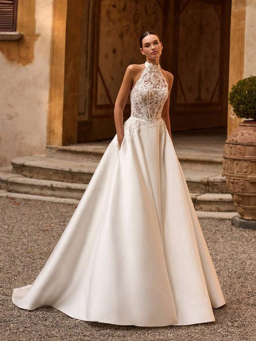Chic Halter Neck Illusion Lace Appliqué Corset Satin Ballgown Wedding Dress With Train, Wedding Dresses For Bride, Elegant And Comfortable, Includes Plus Sizes, Bridal Gown, Formal Dresses For Women, Suitable For Wedding, Party, After-Party Dress, Cocktail Party, Bride, Party Dress, Formal Occasions, Dinner Dress, Prom Dress, Birthday Party, Celebration, Gala, Festival, Ceremony, Graduation, Homecoming Dress, Vacation, White - 白色 - 查看 1