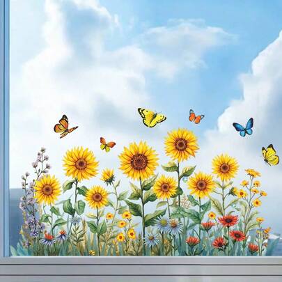Autocollants de fenêtre floraux de tournesol frais avec papillons, pour la décoration de la chambre et du balcon. Faciles à installer en trois secondes, amovibles sans résidu, une mise à jour peu coûteuse pour les espaces d'appartement
