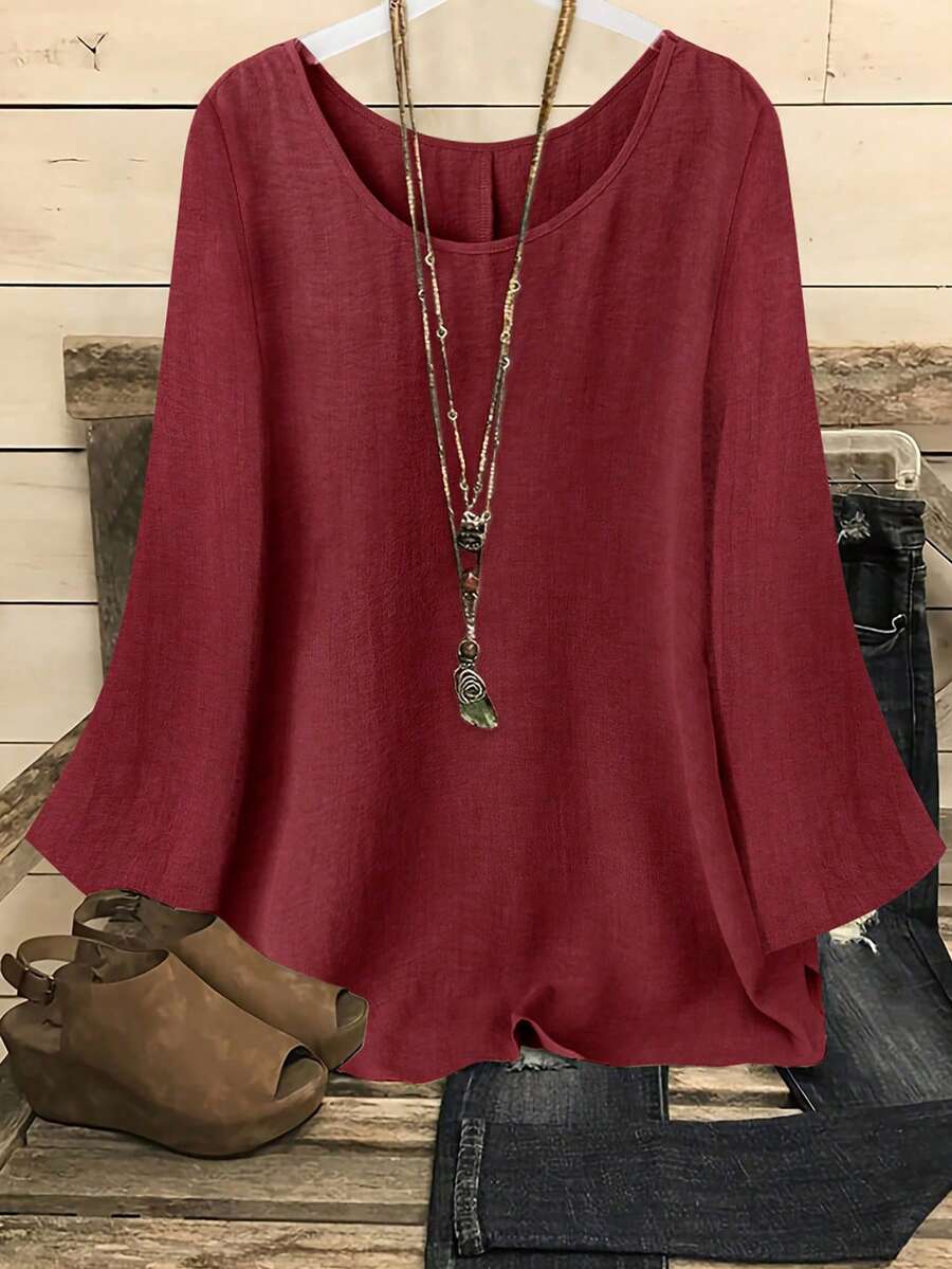YFY Women's Casual Western Style Solid Color Round Neck Long Sleeve Flared Cuff Shirt, Soft & Lightweight Polyester Fabric, Suitable For Spring/Summer Everyday Wear - Burgundy - View 1
