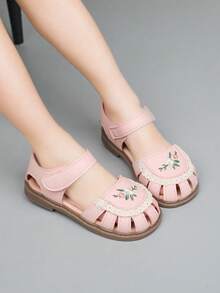 1双女童平底凉鞋，2026新款刺绣蕾丝边女童凉鞋，休闲学校沙滩罗马凉鞋 - 粉色 - 查看 4