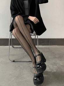 1 Pair Women's Thin Pantyhose, Black Sexy Solid Color Stockings, Fashionable Street Style Super Skinny Tights, Suitable For Summer Nightclub Outings And Parties, Office Wear - Black - View 5