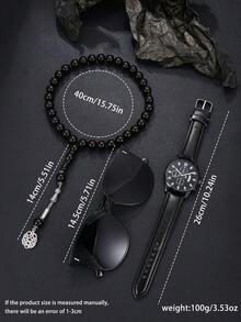 3-Piece Gift Set For Men: Black PU Strap Chronograph Watch + Sunglasses + Rosary Beads, Fashionable Casual And Business Suit, Perfect Birthday/Anniversary/Christmas Gift - Black - View 2