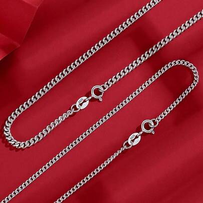 925 Sterling Silver Men's Flat Chain Necklace, 2.0mm Thick, Minimalist Design, Hypoallergenic, Hip-Hop & Korean Style, Gift For Boyfriend, Length L