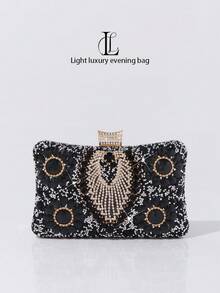 Women's Shiny Crystal Decorated Evening Clutch, European And American Fashion Party Handbag, Shiny Box-Shaped Bag, Perfect And Charming, Bridal Wallet, Wedding, Party, Prom, Nightclub, Birthday Gift, Valentine's Day Gift, Gathering, Crossbody Bag, Handbag, Clutch, Cosmetic Bag - 黑色 - 查看 2