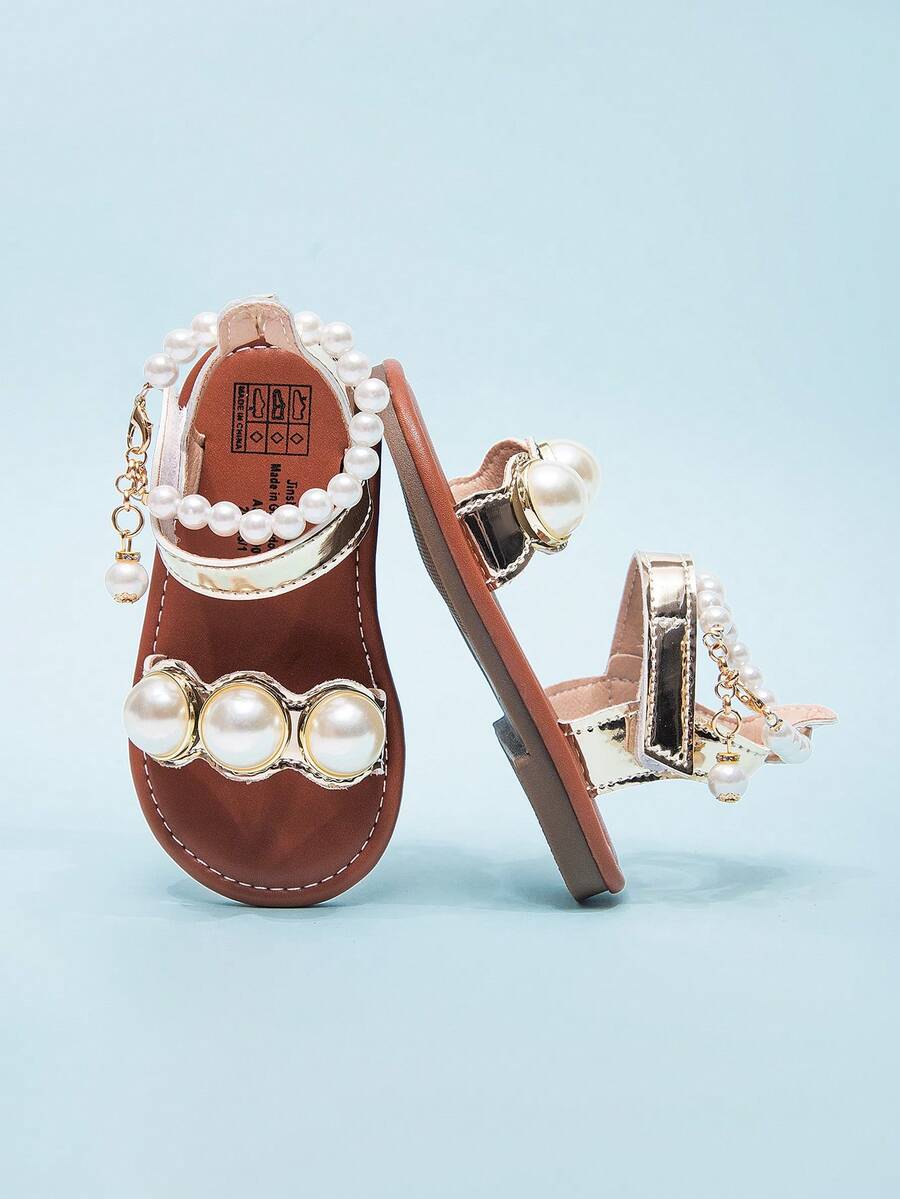 Cute White Infant Sandals With Pearl Chain & Hook And Loop Ankle Strap - Gold - View 1