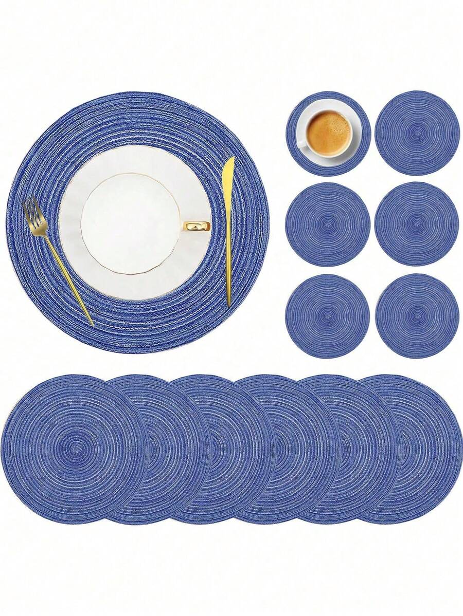 Manteles individuales tejidos redondos de tamaños surtidos, lavables, para mesa de cocina, adecuados para reuniones familiares, fiestas de boda y decoración de mesa de banquete (Azul) - Azul - Ver 1