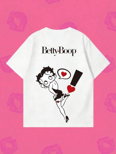 Whysmera SHEIN X Betty Boop 夏季女士运动印花T恤，LOVE印花短袖T恤，可爱休闲运动上衣，假日休闲风，趣味运动休闲风，复古运动卡通，适合网球、休闲散步、周末度假，运动时尚，夏季运动服