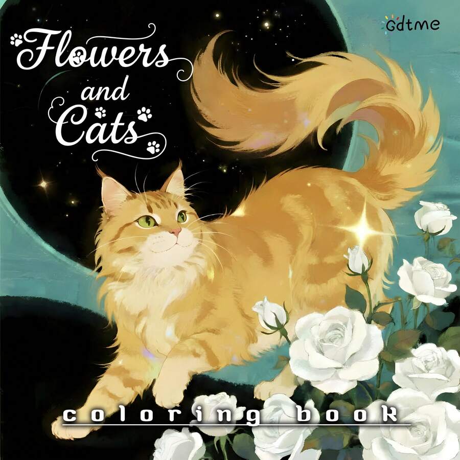 花与猫涂色书：神秘猫咪插画，搭配玫瑰、鲜花和奇幻花卉场景，适合成人和青少年放松涂色，是送给爱猫人士的完美礼物，充满神秘感的猫咪艺术，也是母亲节和父亲节的绝佳选择。