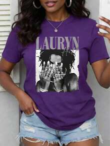 With Ring On Hand - 100% Cotton Women's T-Shirt/Lauren Hill/Letter Print/Vintage T-Shirt/Women's Casual Loose Round Neck Top/Spring And Summer-Niche G - 紫色 - 查看 1