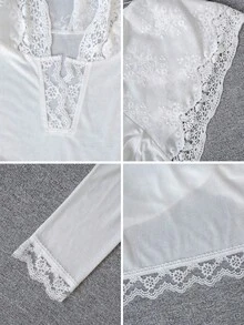 2026 Spring/Summer New Women's V-Neck Long Sleeve Top, Elegant Casual Sweet Minimalist Street Style, Delicate Lace Hollow-Out Patchwork Craftsmanship, Soft White Textured - White - View 10