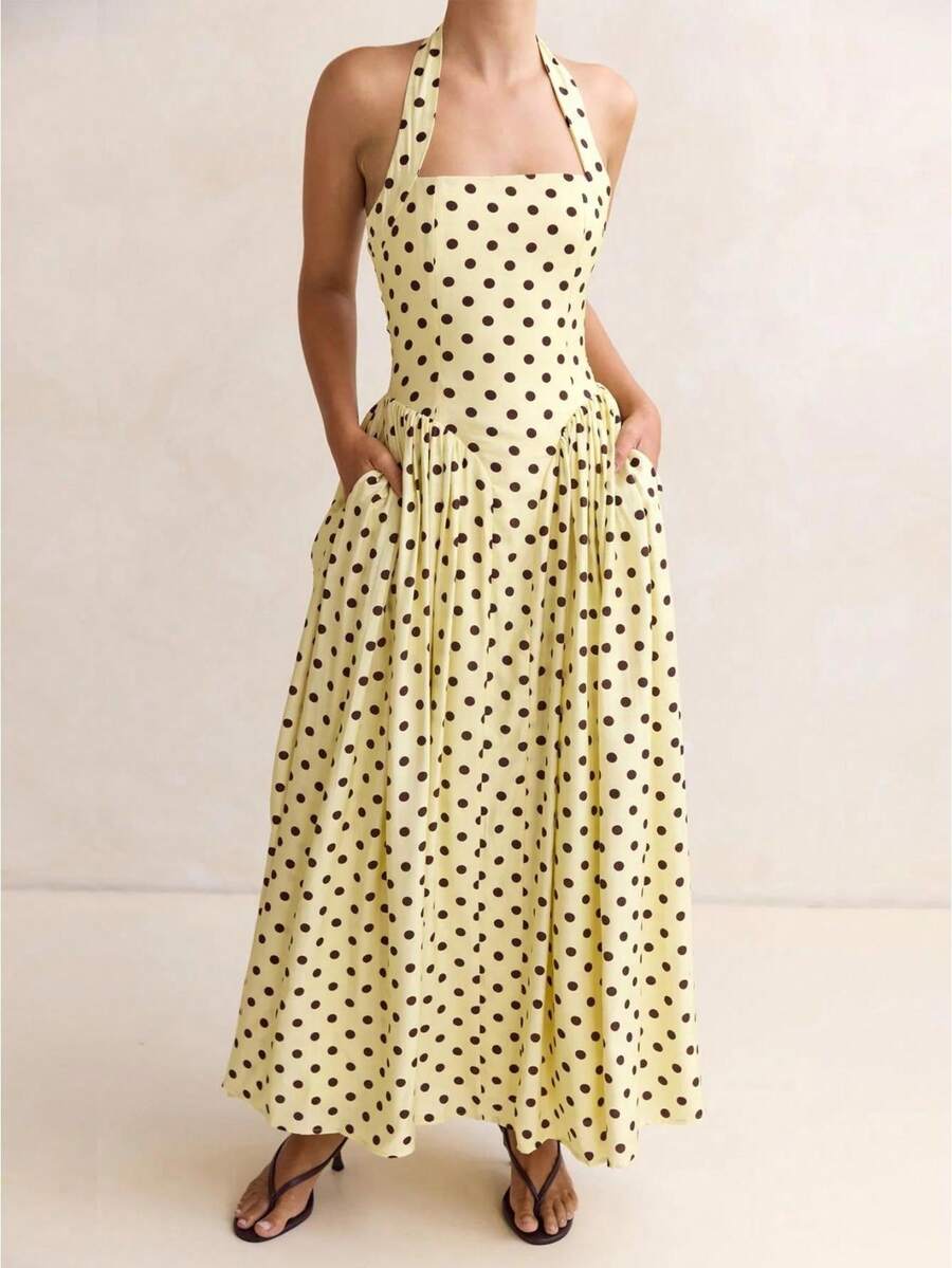 Women's Halter Maxi Dress Polka Dot Square Neck Sleeveless Backless Fitted Waist Flared Long Dress With Pockets Vintage Bohemian Summer Spring Beach Vacation Casual Party Elegant - Màu vàng - Xem 1