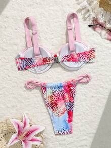 女士粉色动物纹性感露背宽肩带比基尼套装，沙滩度假夏季服装 - 彩色 - 查看 4