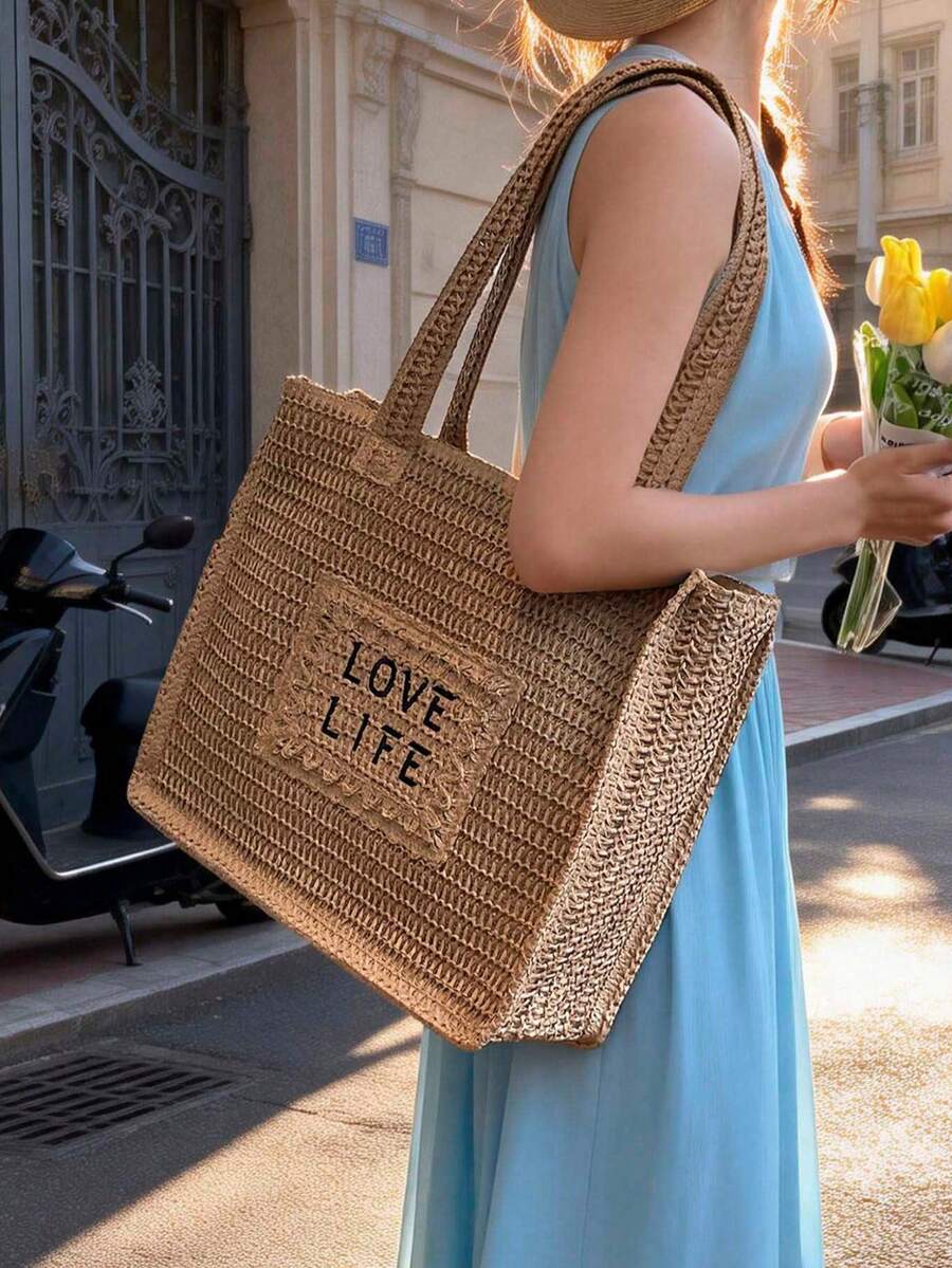 Straw Fashion Tote Bag, Women's Shoulder Bag, Large Capacity, Beach Bag, Letter Woven Oversized Bag - Khaki - View 1