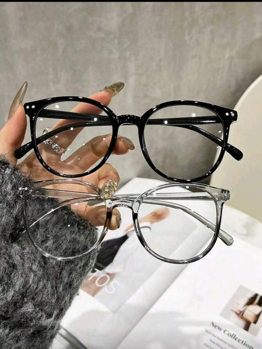 2 Pairs Unisex Retro Classic Round Frame Rivet Transparent Plastic Glasses - Black Gray - 2 Pairs - View 1