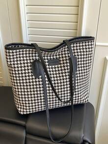 Houndstooth Large Capacity Shoulder Bag, Fashionable Minimalist Tote Bag, Versatile For Commuting And Daily Use - Black - View 2