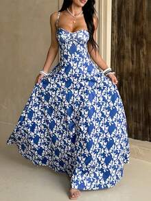 Elegant Full-Print Backless Maxi Dress, Suitable For Women's Vacation And Home Wear, Waist-Cinched A-Line Camisole Dress - Blue - View 2