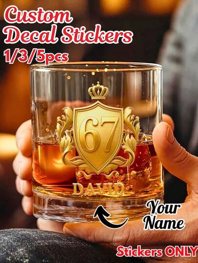 Personalized Name Tag Stickers, Gold Crown Badges, Crystal Name Stickers, 1/3/5-Piece Waterproof Vinyl Custom Sticker Sets, Name Stickers, DIY Gifts, Handicrafts, Handwritten, Wedding Stickers, Gift Stickers, For Personalizing Whiskey Glasses And Gifts, Valentine's Day Gifts, Women's Gifts, Men's Gifts, Mother's Gifts, Friend's Gifts, Home Decor, Personalized Gifts, Customized Gifts.