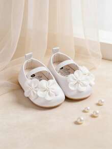 白色3D立体花朵女婴玛丽珍鞋 - 新生儿平底防滑软底派对婚礼学校公主鞋 - 白色 - 查看 8