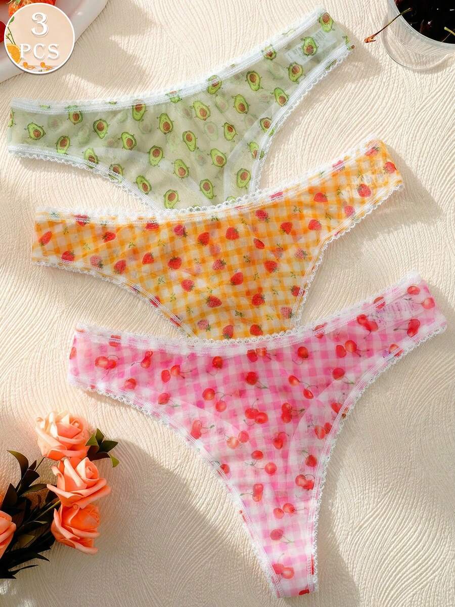 3件套 女士轻薄透气网眼面料水果印花低腰丁字裤 - 彩色 - 查看 1