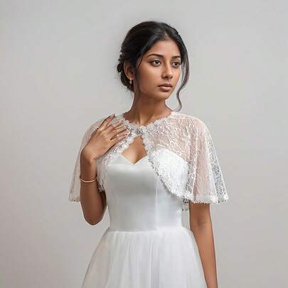 1件蕾丝披肩斗篷，新娘礼服配饰，蕾丝披肩外套，婚礼装饰，披肩式肩披，适合各种场合、表演和服装搭配