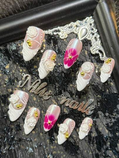 10pcs Almonds Nail Acrylic Kit, Pink White Nails, White French Style, 3D Three-Dimensional Rose, White Three-Dimensional Relief, And Gold Bead Accessories Accessories, Hand Drawn Flowers, Y2K Style Nail Art Set,Suitable For Women And Girls,Festivals,Daily,Party,Gatherings And OtherPlaces Use(Includes: A Piece Of Jelly Glue And A Friction Strip) Nail Stuff