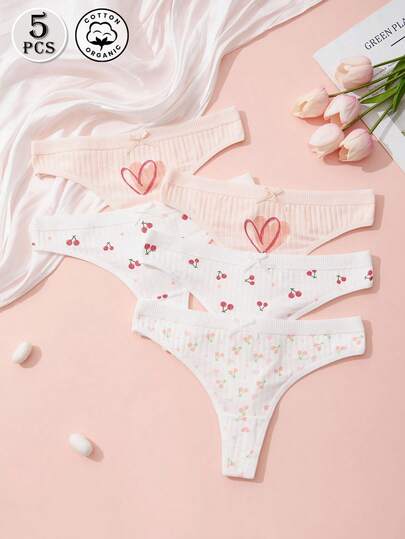 5 piezas de ropa interior de algodón sexy y estampada al azar, tanga con lazo, hilo dental con estampado de fresa, pantaletas acanaladas, tanga elástico a rayas, ropa interior cómoda y transpirable para mujer