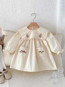 Váy cổ thêu hình thỏ cho bé gái có túi, thêu hình nấm, màu mơ, phù hợp cho mùa xuân, hè, thu - Màu be - Xem 11