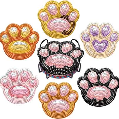 6/8件套 5D DIY 钻石画狗狗爪印杯垫套装 - 圆形钻石设计，家居、酒吧、办公室的理想之选，也是馈赠佳品 | 手工爱好者的理想礼物，办公用品 | 装饰文具 | 闪亮装饰，钻石画配件（带黑色收纳架）