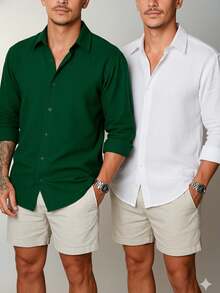 Set Of 2 Men's Long-Sleeved Linen Dress Shirts, Old Money Style, Viscose Linen, Cool, Casual, Italian Collar, Elegant - 白/綠 - 查看 1
