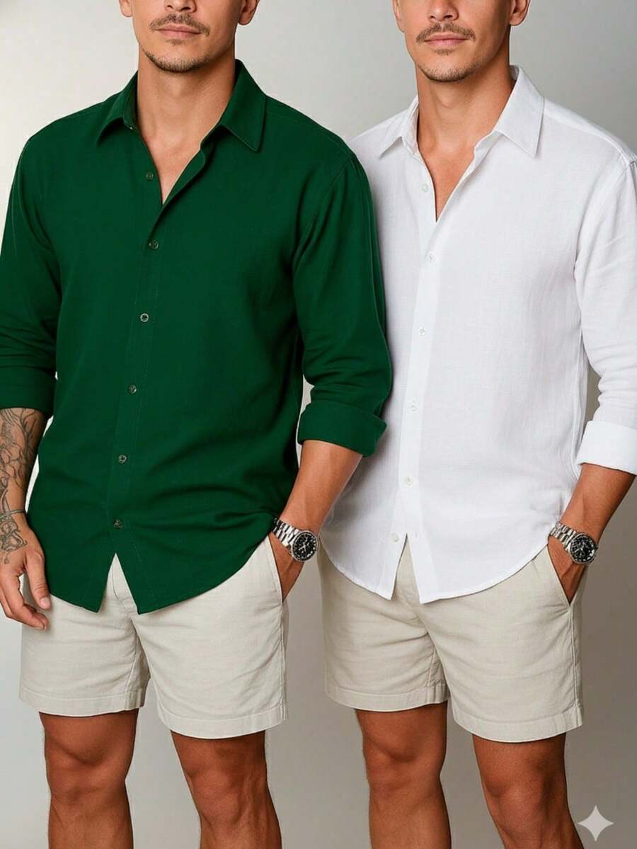 Set Of 2 Men's Long-Sleeved Linen Dress Shirts, Old Money Style, Viscose Linen, Cool, Casual, Italian Collar, Elegant - 白/綠 - 查看 1