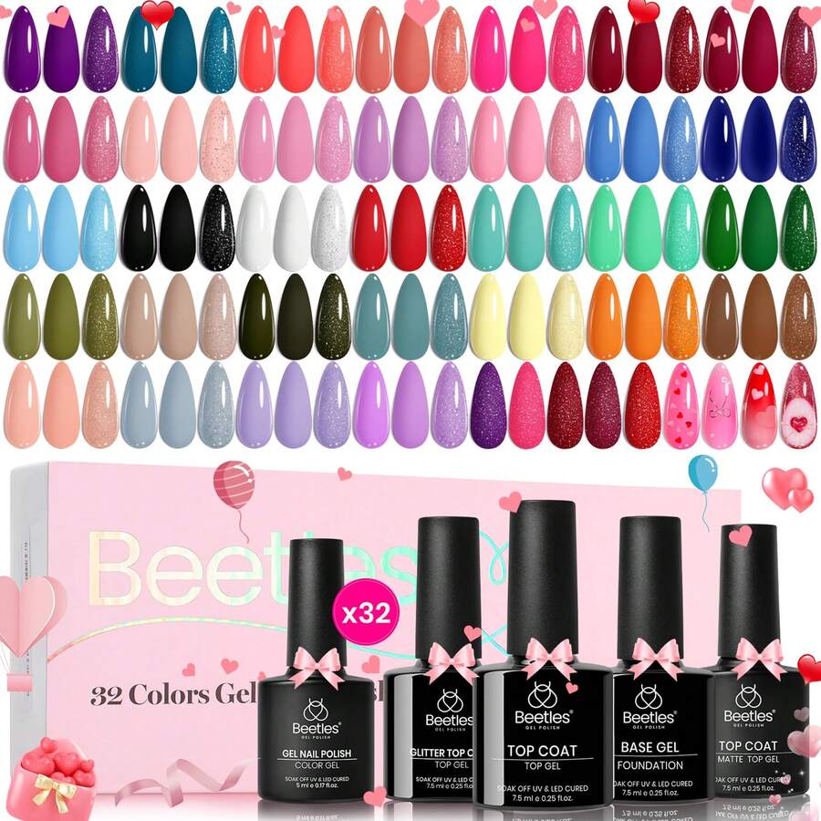 Beetles Spring Gel Polish Set - Fingertip Palette, 32 Colors Valentines Polish Set With Base Top Coat - 32 Colors Fingertip Palette - View 1