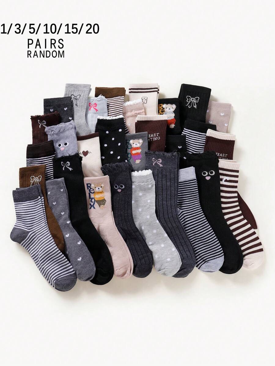 1/3/5/10/15/20 pares de calcetines de media caña transpirables con letras y rayas de estilo de dibujos animados para mujer, de colores aleatorios - Multicolor - Ver 1
