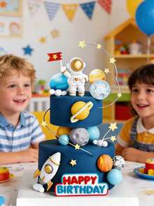 1 unidade de enfeite de bolo com astronauta, planeta espacial, foguete Saturno, palitos decorativos de plástico coloridos e reutilizáveis, artigos para festa de aniversário com tema espacial, adequado para decoração de mesa de doces e bolos infantis. - Multicolorido - Ver 2