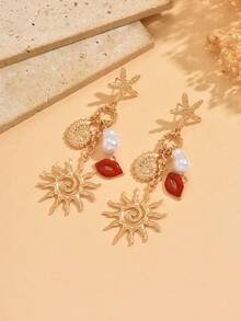 1 Pair Beach Vacation Style Starfish, Sun, Lips Mixed Pendant Earrings, Fashionable And Cute Jewelry Accessories Suitable For Daily Wear, Beach Dates And Parties - Gold - View 2