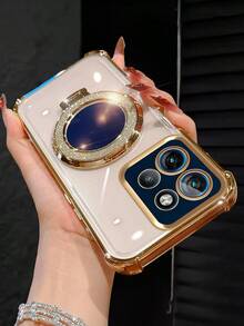 MewTrek Luxury Electroplated Transparent Gold Phone Case With Rotating Stand, Built-In Makeup Mirror, Glitter Diamond Y2K Style, Summer New Silicone Shockproof Soft Shell, Compatible With Samsung Galaxy S24 S25 Ultra FE A56 A16 4G 5G, Compatible With Xiaomi 14C, Compatible With Huawei Honor Reno Y2K Style Unisex 2025 - Gold - View 3