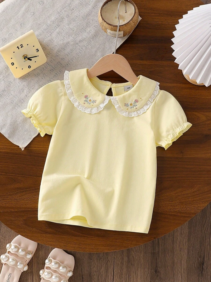 Young Girl Embroidered Collar Petal Sleeve Cute T-Shirt - Yellow - View 1
