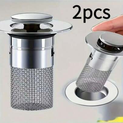 2pcs Bathroom Hair Catcher Filter, 304 Stainless Steel Net + Plated Plastic, Expandable Sink Drain Stopper, Fits 3.4-3.99cm Drain Diameter, Integrated Design, All Season Use