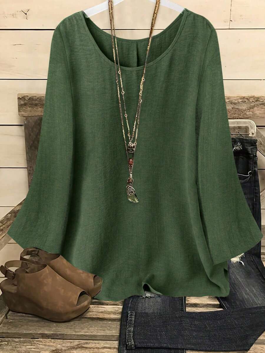 YFY Women's Casual Western Style Solid Color Round Neck Long Sleeve Flared Cuff Shirt, Soft & Lightweight Polyester Fabric, Suitable For Spring/Summer Everyday Wear & Loungewear - Army Green - View 1