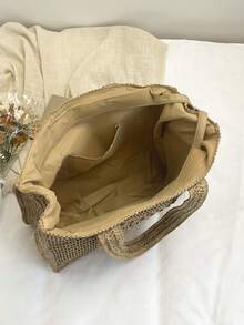 Straw Fashion Tote Bag, Women's Shoulder Bag, Large Capacity, Beach Bag, Letter Woven Oversized Bag - Khaki - View 3