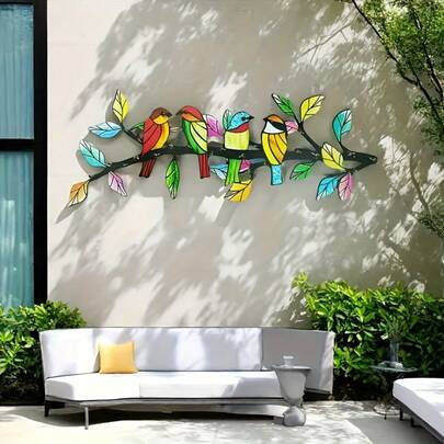 A Unique Piece Of Metal Wall Art Featuring A Bird And Branches - Vibrant And Colorful Design, Suitable For Garden, Patio, And Living Room Decor - No Power Required, Easy To Hang, Outdoor Decoration.