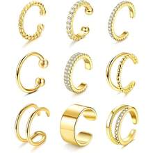 9Pcs Ear Cuff Earrings Women 14K Silver/Gold Ear Cuff Non Piercing Cartilage Clip Cuff Earrings Earrings - 9顆金立方氧化鋯石 - 查看 1
