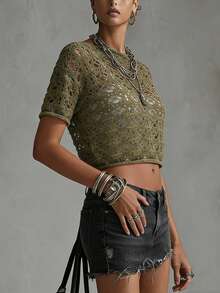 Olive Green Hollow-Out Short Sleeve Cropped Knit Top, Y2K Baddie Style - Olive Green - View 5