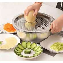 3 PiecesStainless Steel Shredding Basin Set, Thickened Drain Basket & Vegetable Cutter Bowl, Multifunctional Shredding Plate, Potato Slicer, Vegetable & Carrot Grater, Household Kitchen Shredder, Rice Washing Sieve Strainer. Ideal For Festival & Festival. 3pcs Sticky Notes - Multicolor - View 2