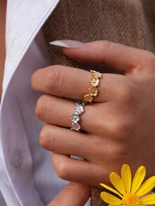 2 piezas/1 pieza Joyería de acero inoxidable de 18K con flor asimétrica calada, elegante y resistente al agua, regalo para fiesta y boda. Anillo calado exquisito y de moda, accesorio de joyería resistente al agua para uso diario y festivo - Multicolor - Ver 6