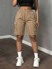 Teen Girls' Elastic Waist Solid Color Casual Utility Shorts, Versatile For Daily Wear - Khaki - View 6