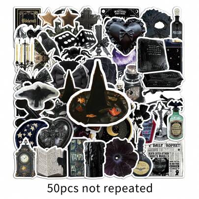 50张哥特式黑暗女巫贴纸，复古创意DIY手账装饰，防水乙烯基贴纸，适用于笔记本电脑、手机壳、笔记本、剪贴簿