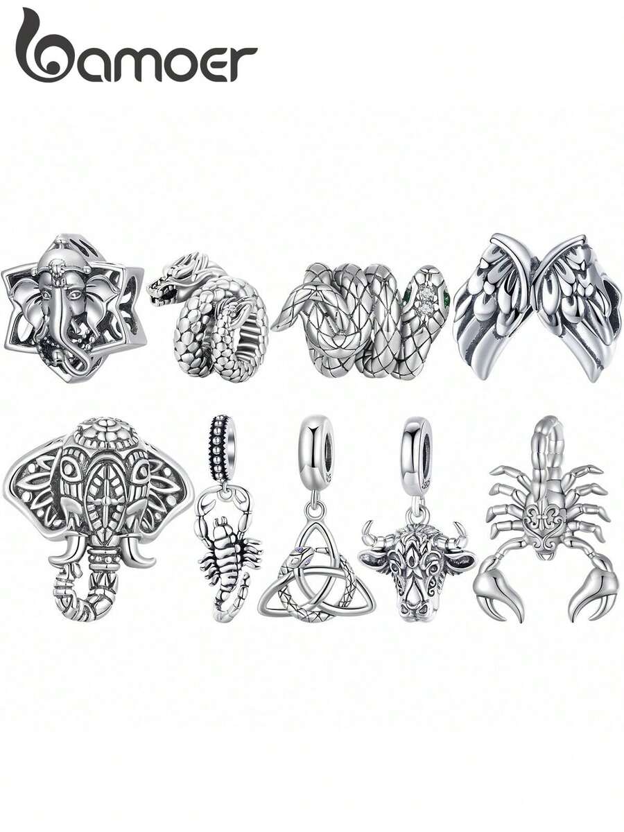 bamoer 1pc 925 Sterling Silver Vintage Animal Beaded Pendant, Snake & Ox Shaped Charm, Suitable For Women/Girls Bracelet, Necklace DIY Accessories, Jewelry Gift - Silver - View 1