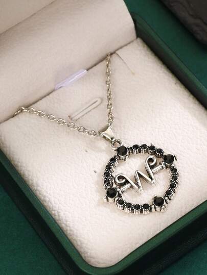 1pc Retro Rhinestone Round Letter "W" Wednesday Pendant Necklace, Fashionable Casual Elegant Jewelry For Women, Suitable For Daily, Party, Event Wear